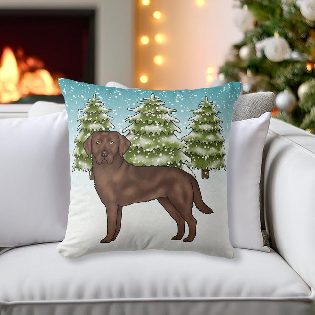 Chocolate Labrador Retriever Blue Winter Christmas Cushion (Creator Uploaded)