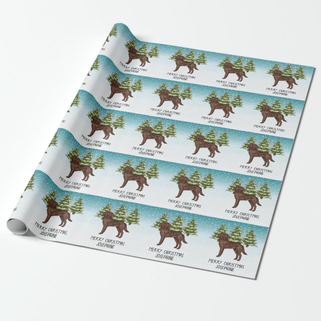 Chocolate Labrador Retriever Christmas Custom Text Wrapping Paper (Unrolled)