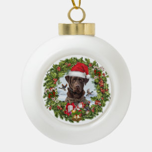 Chocolate Labrador Retriever, Christmas wreath Ceramic Ball Christmas Ornament