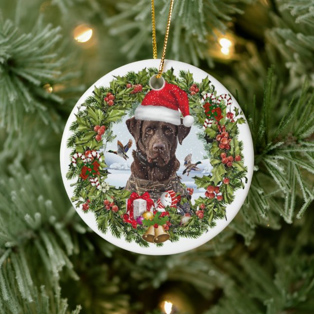 Chocolate Labrador Retriever,  Christmas wreath  Ceramic Tree Decoration (Tree)