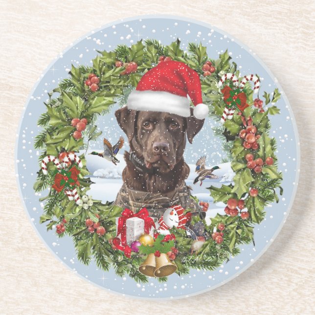 Chocolate Labrador Retriever,  Christmas wreath  Coaster (Front)