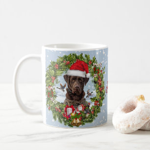 Chocolate Labrador Retriever, Christmas wreath Coffee Mug
