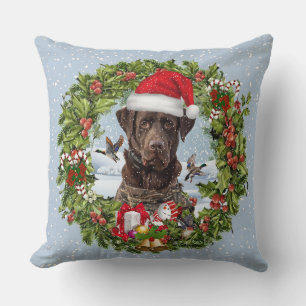 Chocolate Labrador Retriever,  Christmas wreath  Cushion