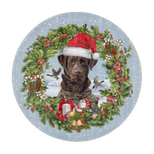 Chocolate Labrador Retriever,  Christmas wreath  Cutting Board