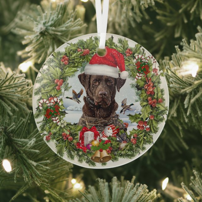 Chocolate Labrador Retriever,  Christmas wreath  Glass Tree Decoration (Insitu)