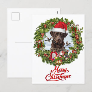 Chocolate Labrador Retriever,  Christmas wreath  Holiday Postcard