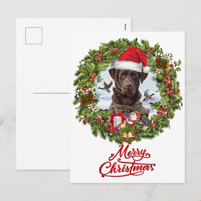 Chocolate Labrador Retriever,  Christmas wreath  Holiday Postcard (Front/Back)