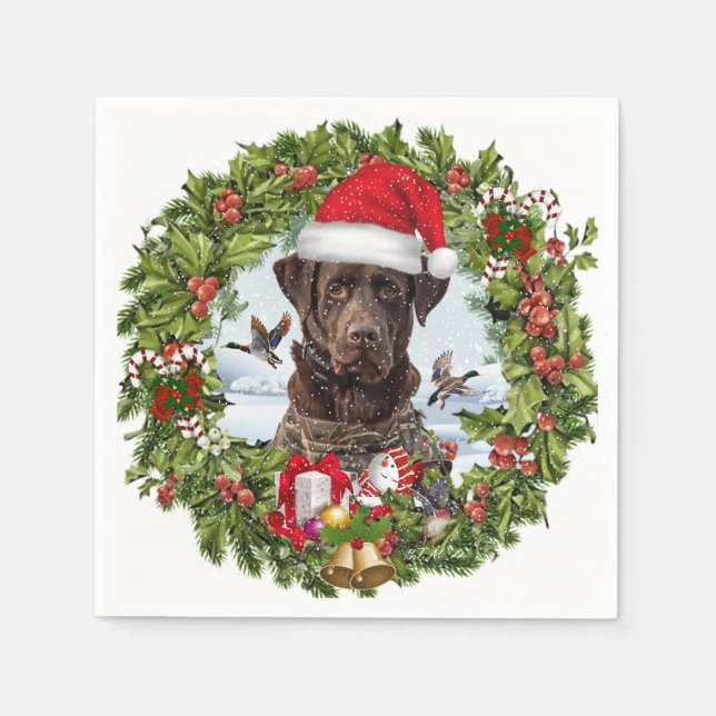 Chocolate Labrador Retriever,  Christmas wreath  Napkin (Front)