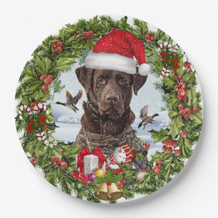 Chocolate Labrador Retriever,  Christmas wreath  Paper Plate