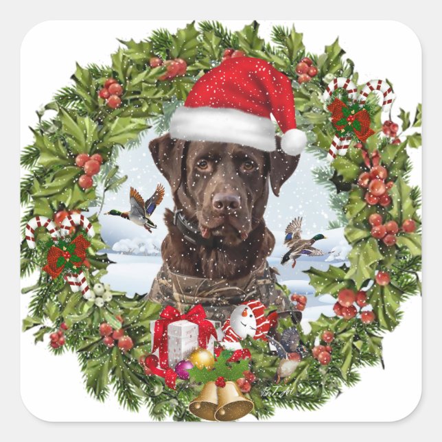 Chocolate Labrador Retriever,  Christmas wreath  Square Sticker (Front)