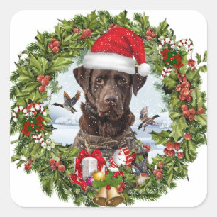 Chocolate Labrador Retriever, Christmas wreath Square Sticker