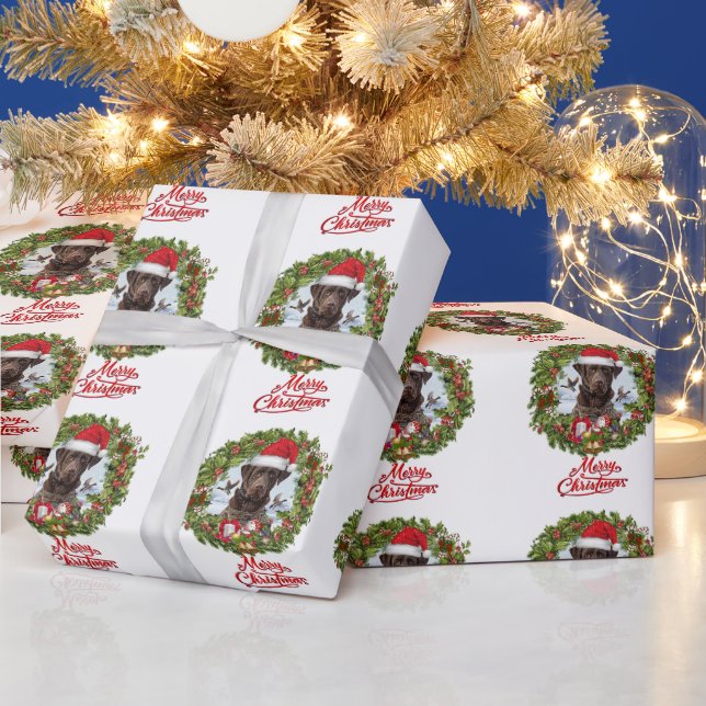 Chocolate Labrador Retriever,  Christmas wreath  Wrapping Paper (Holidays)