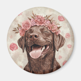 Chocolate Labrador Retriever Dog Pink Floral Magnet