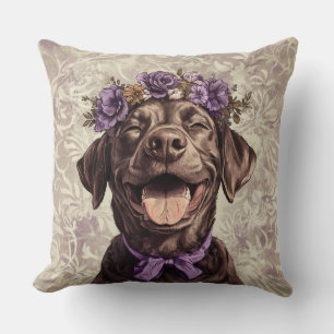 Chocolate Labrador Retriever Dog Purple Floral Cushion