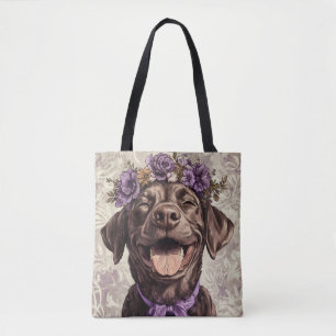 Chocolate Labrador Retriever Dog Purple Floral Tote Bag