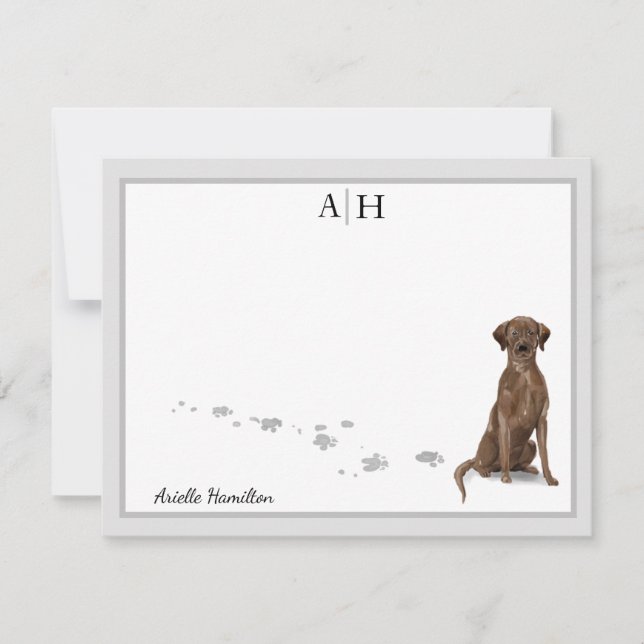 Chocolate Labrador Retriever Grey Border Monogram Card (Front)