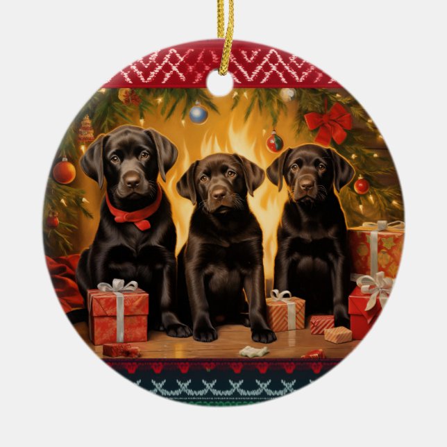 Chocolate Labrador Retriever puppies Christmas Ceramic Tree Decoration (Front)