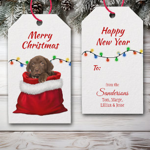 Chocolate Labrador Retriever Puppy in Santa Bag Gift Tags