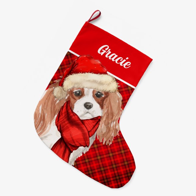 Chocolate Labrador Retriever Red Plaid Dog's Name  Large Christmas Stocking (Front (Hanging))