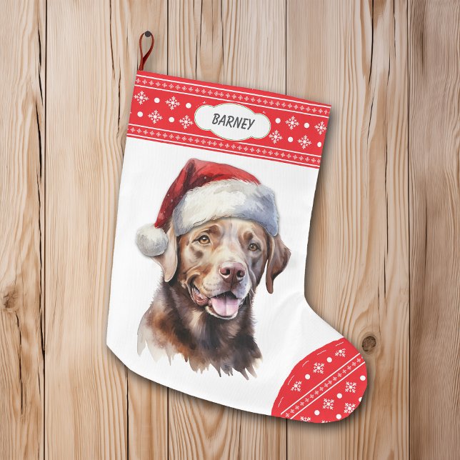 Chocolate Labrador Retriever Santa Hat Snowflake Large Christmas Stocking (Creator Uploaded)