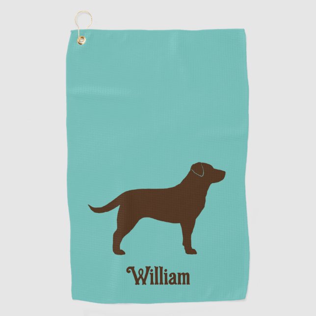 Chocolate Labrador Retriever Silhouette with Name Golf Towel (Front)