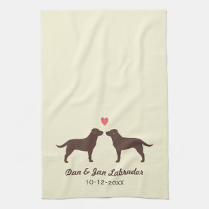 Chocolate Labrador Retrievers with Heart and Text Tea Towel