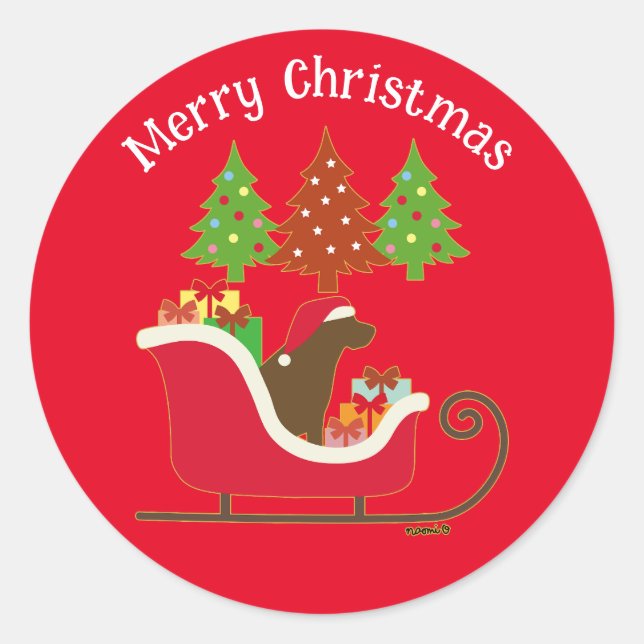 Chocolate Labrador Silhouette Christmas Sleigh Red Classic Round Sticker (Front)