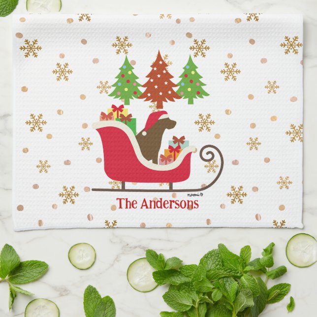 Chocolate Labrador Silhouette Christmas Sleigh Tea Towel (Folded)