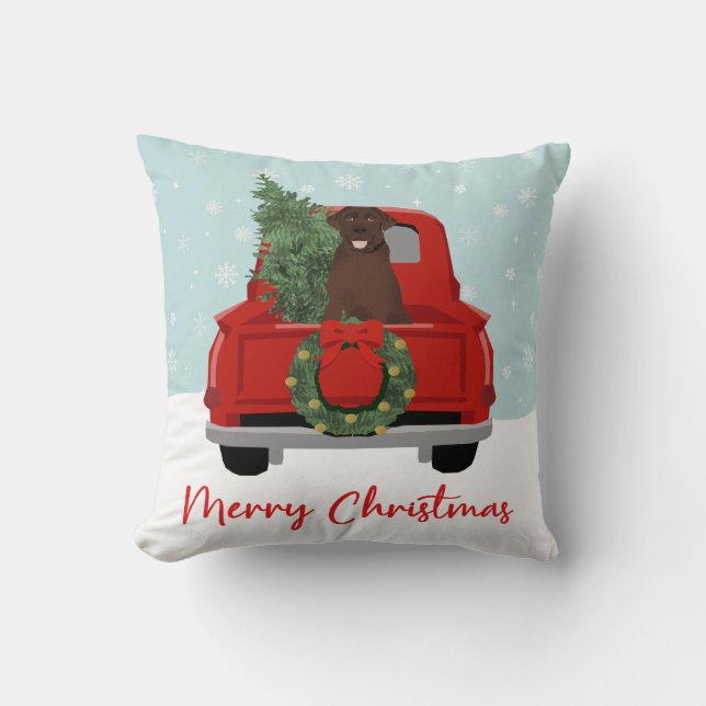 Chocolate Labrador Vintage Christmas Truck Cushion (Front)