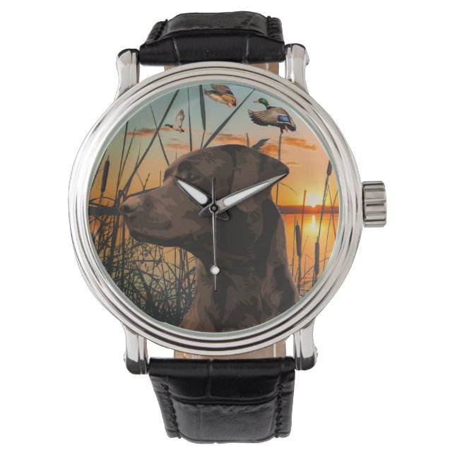 Chocolate Labrador Watch, Flying Mallard Watch (Front)