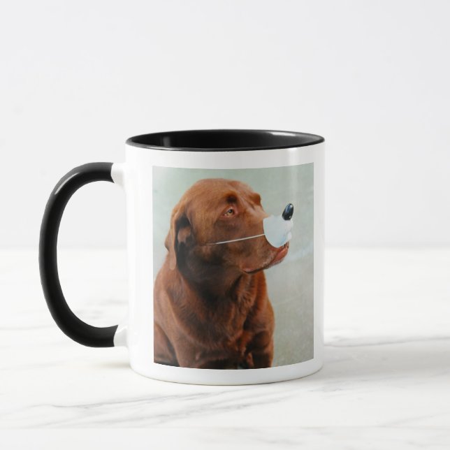 Chocolate Labrador Wearing a Fake Nose Mug (Left)