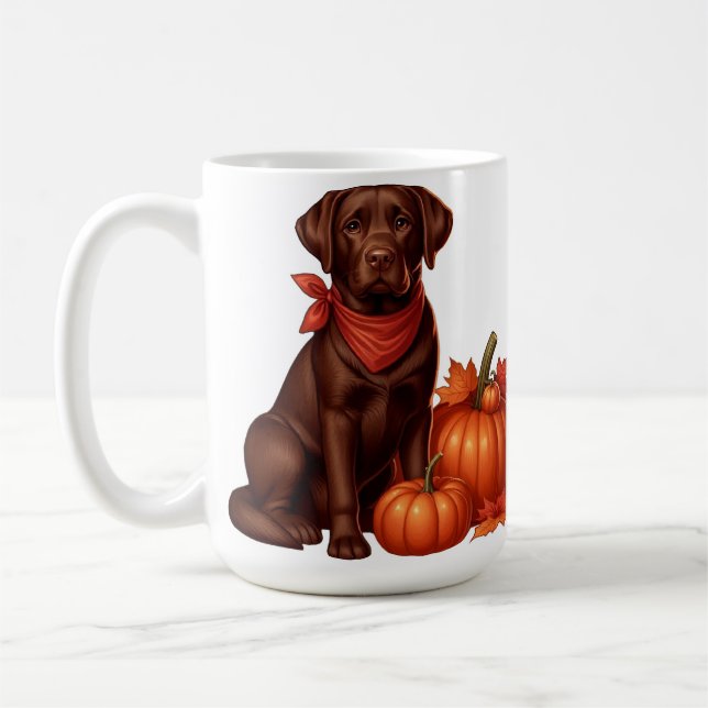 Chocolate Labrador with Red Bandanna by Pumpkins Coffee Mug (Left)