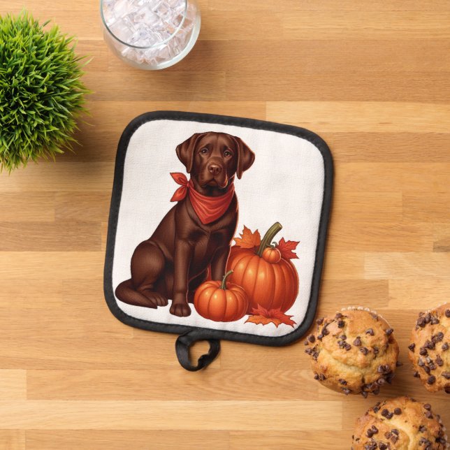 Chocolate Labrador with Red Bandanna by Pumpkins Pot Holder (Top Down)