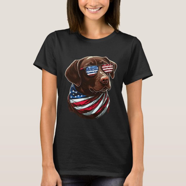 Chocolate Labrador With USA Sunglasses And Flag T-Shirt (Front)