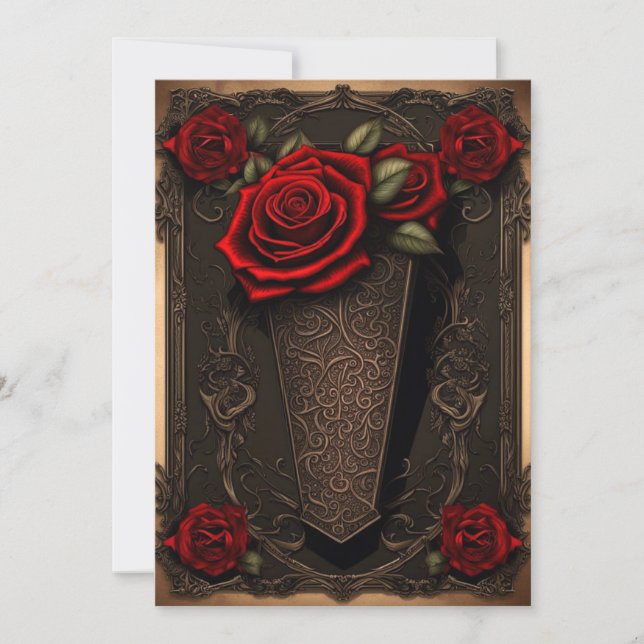 Chocolate Lace Coffin and Roses Gothic Wedding Invitation (Front)