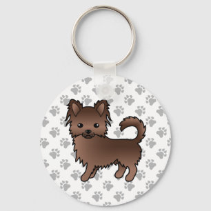 Chocolate Long Coat Chihuahua Cartoon Dog & Paws Key Ring