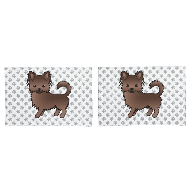Chocolate Long Coat Chihuahua Cartoon Dog & Paws Pillowcase (Front-Set)