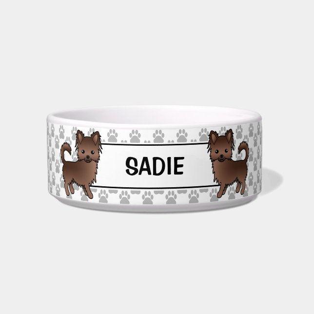 Chocolate Long Coat Chihuahua With Name & Paws Bowl (Front)