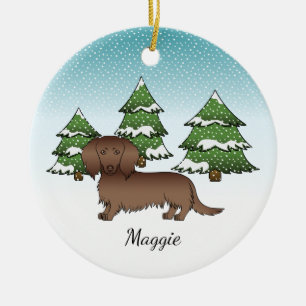 Chocolate Long Hair Cute Dachshund - Winter Forest Ceramic Tree Decoration