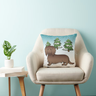 Chocolate Long Hair Cute Dachshund - Winter Forest Cushion