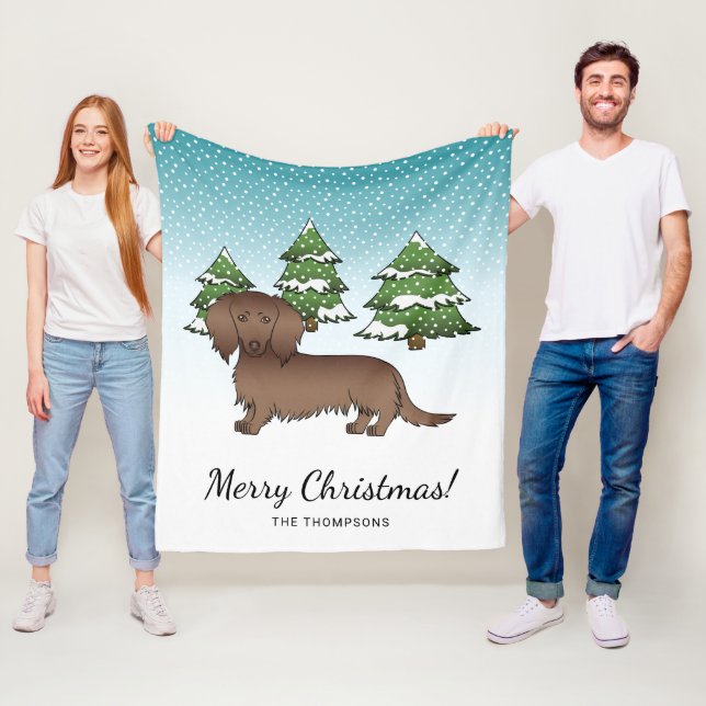Chocolate Long Hair Cute Dachshund - Winter Forest Fleece Blanket (In Situ)