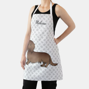 Chocolate Long Hair Dachshund Cartoon Dog & Name Apron