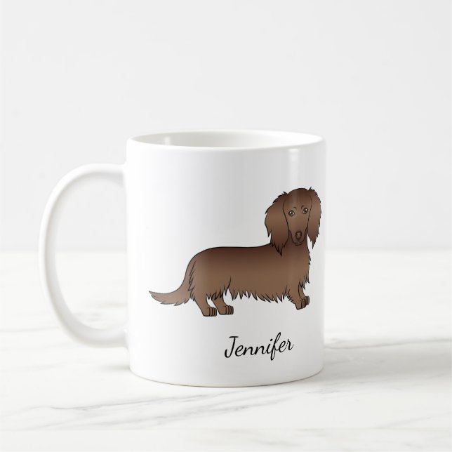 Chocolate Long Hair Dachshund Cartoon Dog & Name Coffee Mug (Left)
