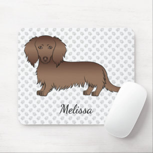 Chocolate Long Hair Dachshund Cartoon Dog & Name Mouse Mat