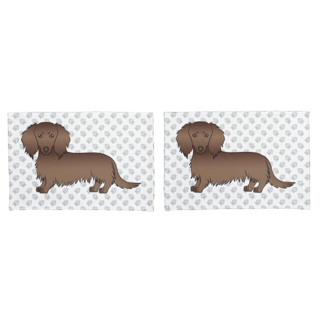 Chocolate Long Hair Dachshund Cartoon Dog & Paws Pillowcase (Front-Set)