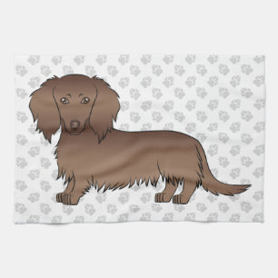 Chocolate Long Hair Dachshund Cartoon Dog & Paws Tea Towel