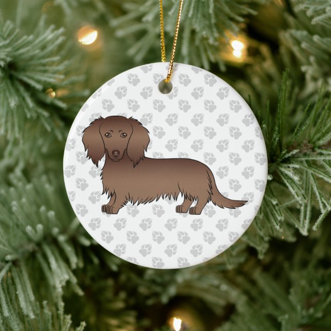 Chocolate Long Hair Dachshund Cartoon Dog & Text Ceramic Tree Decoration (Tree)
