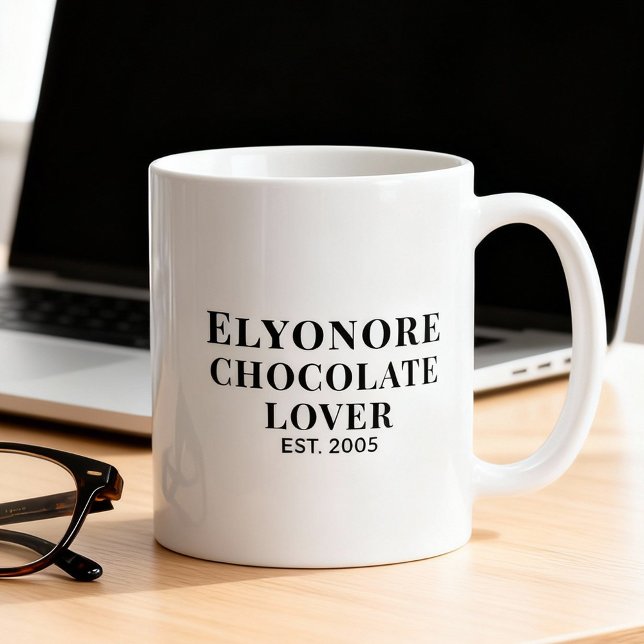 Chocolate Lover Black Script Personalized Name Est Coffee Mug (Creator Uploaded)