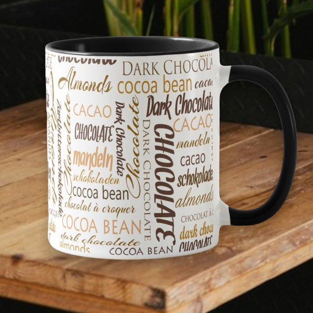 Chocolate Lover Multilingual Typography Collage Mug (Choose combo mug handle and inside color)