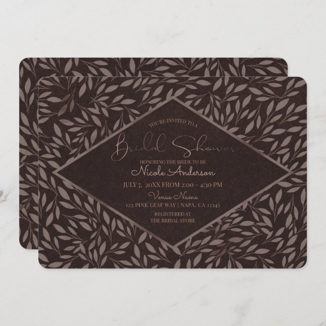 Chocolate Mauve Leaves Botanical Bridal Shower Invitation (Front/Back)